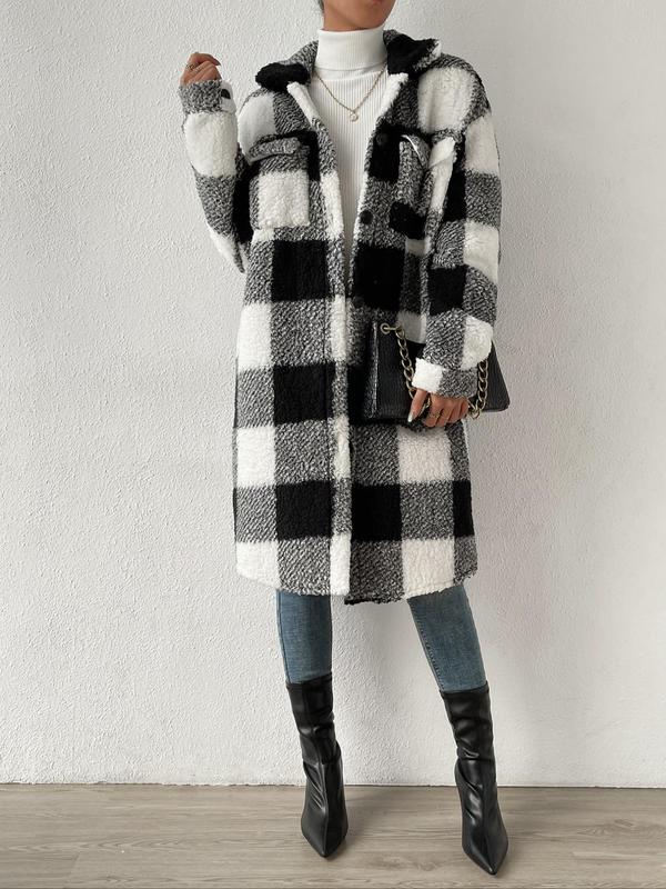 Women's Plaid Print Button Front Flap Pocket Fleece Jacket, Casual Drop Shoulder Long Sleeve Collared Outerwear for Fall & Winter, Ladies Clothes for Daily Wear